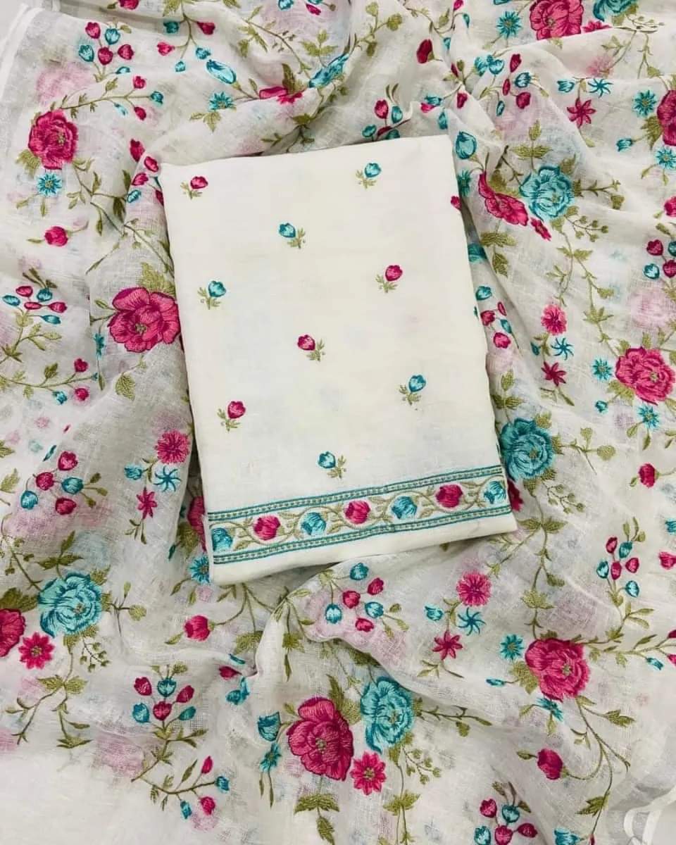 BHAGALPURI COTTON LINEN EMBROIDERY UNSTITCHED SUIT.