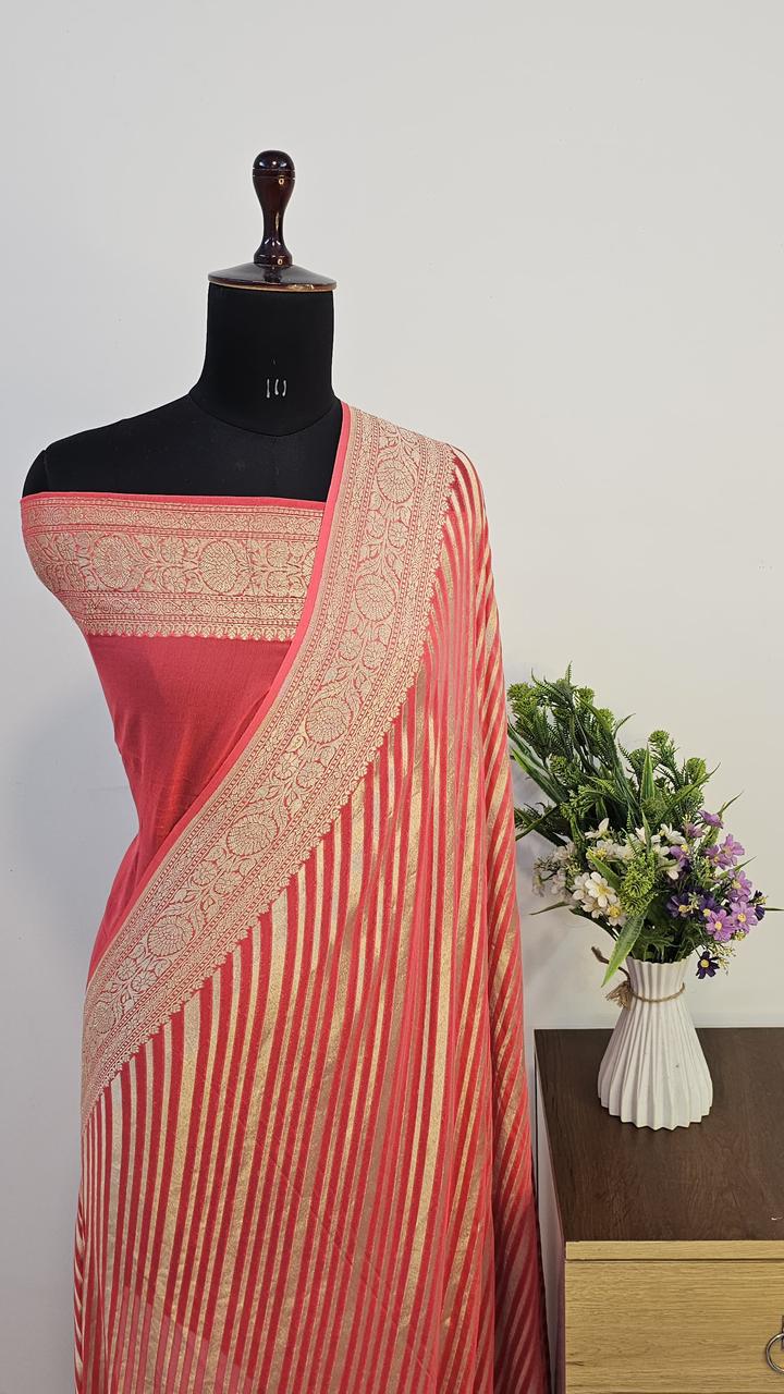 Pure Handloom Khaddi Georgette Saree Zari Work.