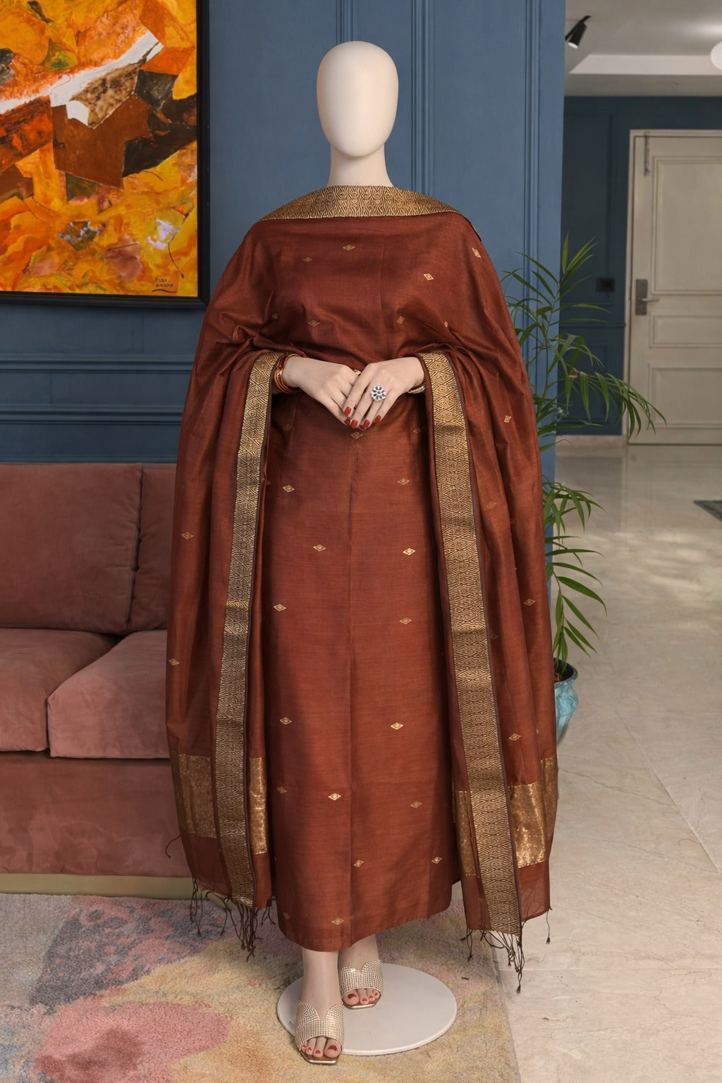 Pure Maheswari Silk Cotton Handwoven Unstitch Suit.