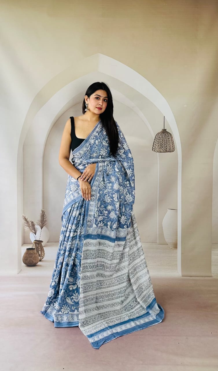 Pure Mulmul Cotton Hand Block Printed Saree With Running Blouse.