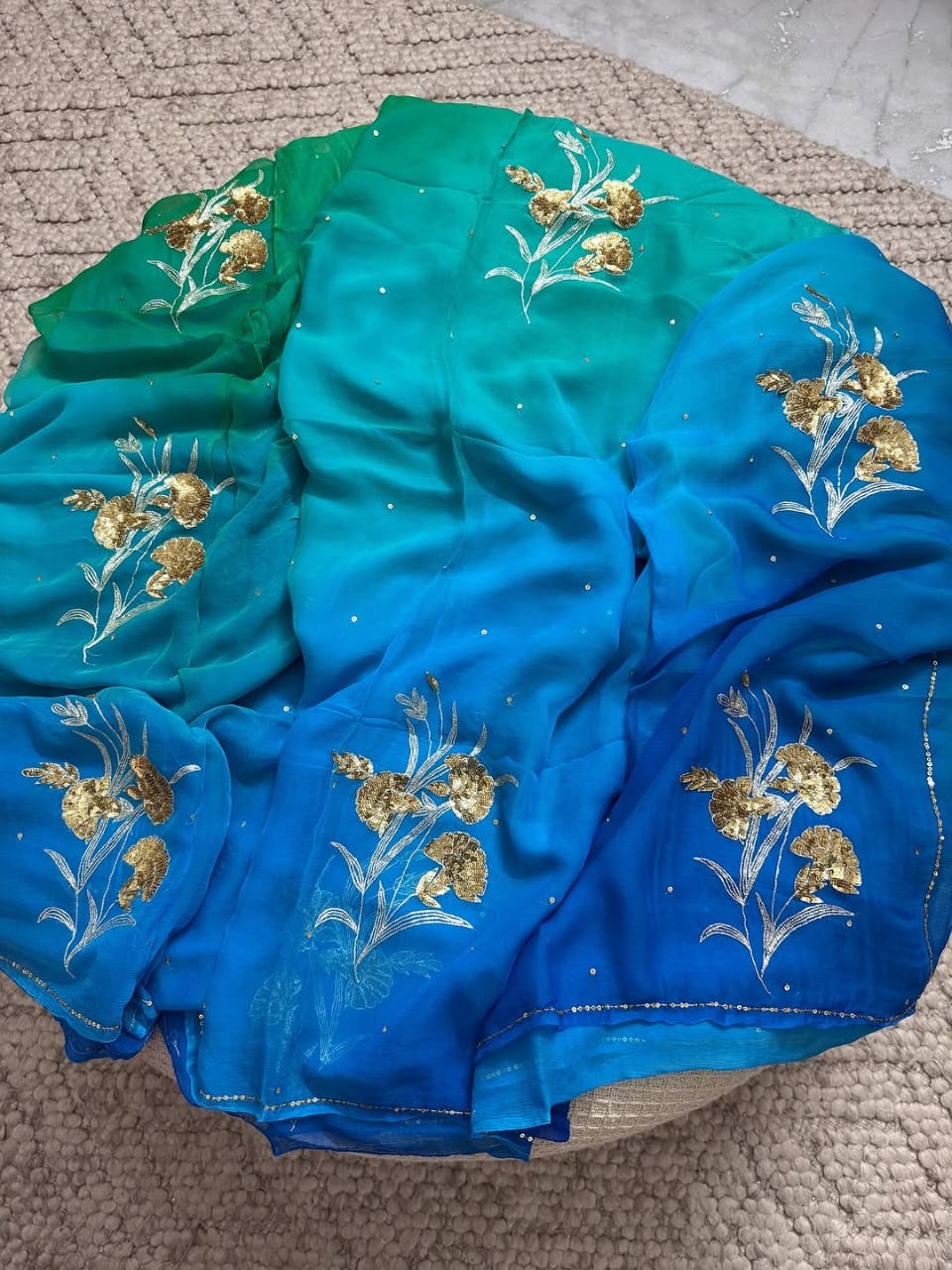 Multicolor Pure Diamond Chiffon Hand Work Saree With Blouse.