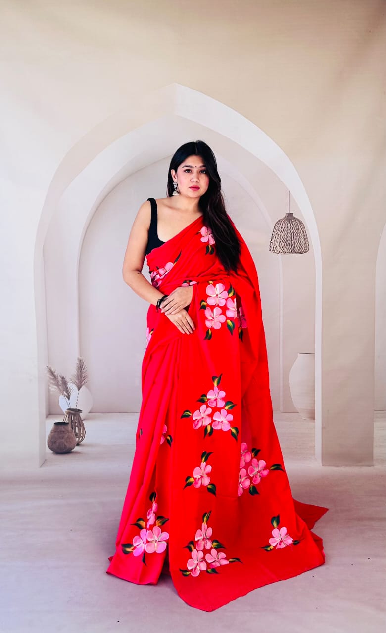 Pure Mulmul Cotton Hand Block Printed Saree With Running Blouse.