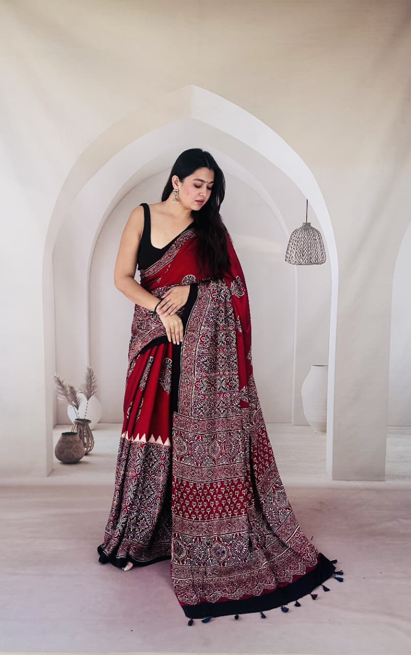 Pure Modal Silk Ajrakh Hand-block Printed Saree.