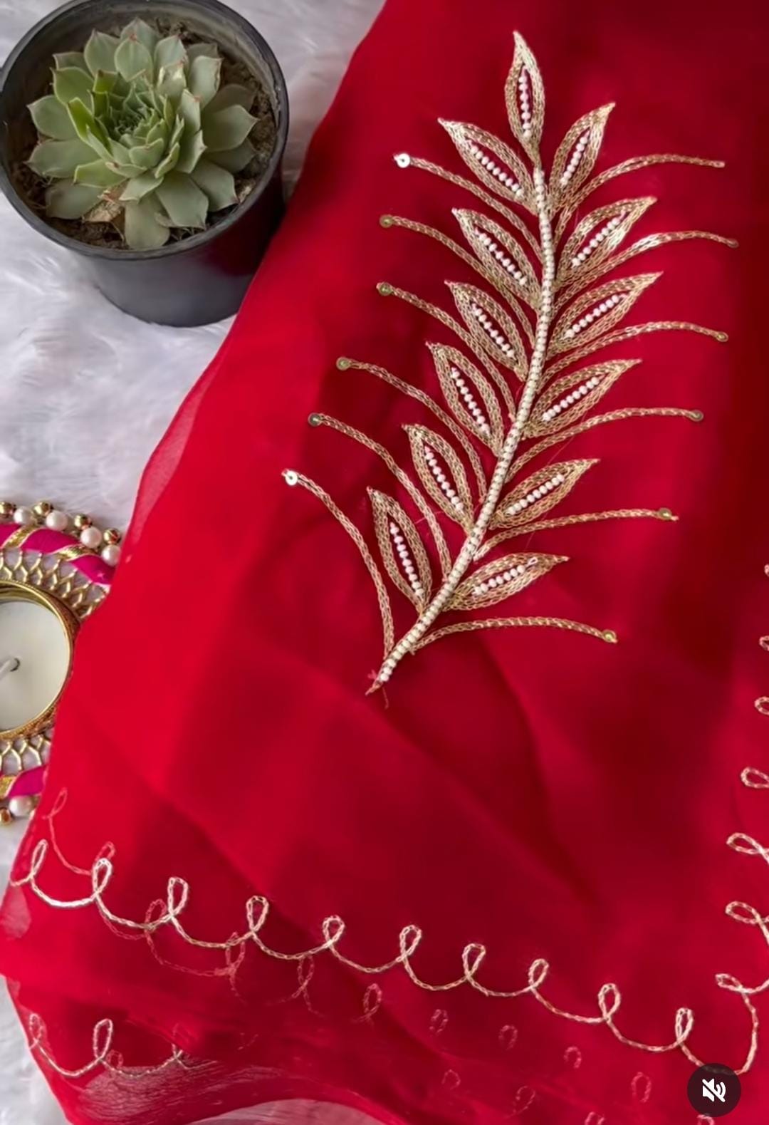 Red Color Pure Diamond Chiffon sequence Hand Work Saree.