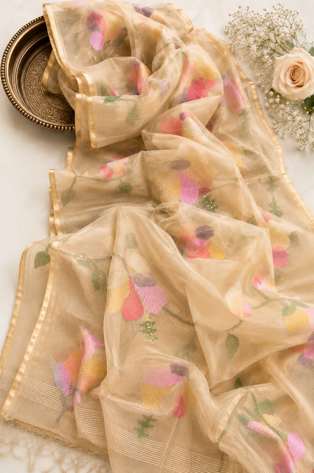 Pure Maslin Jamdani Saree with Blouse.