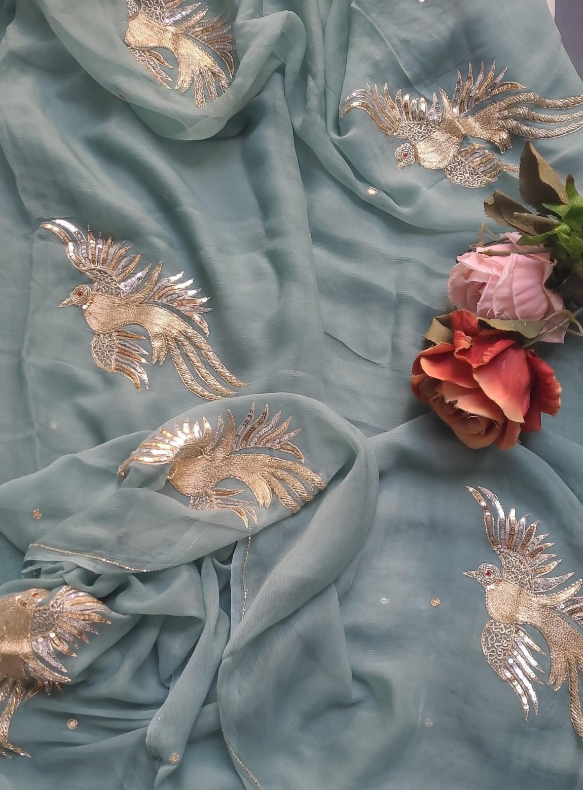 BEAUTIFUL SEQUENCE AND ZARI EMBROIDERY WORK DAIMOND CHIFFON SAREE.