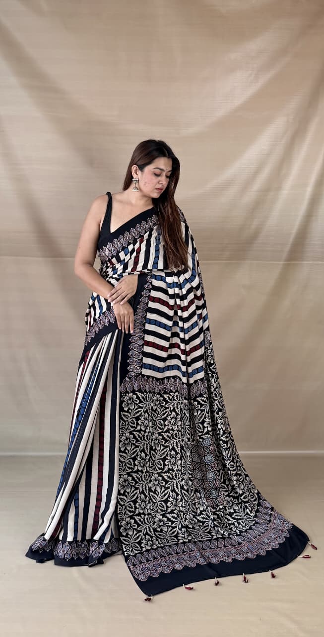 Pure Modal Silk Ajrakh Hand-block Printed Saree.