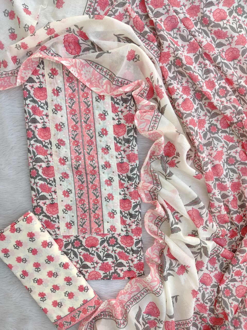 Pure Cotton Embroidery Hand Block Unstitched Suits.
