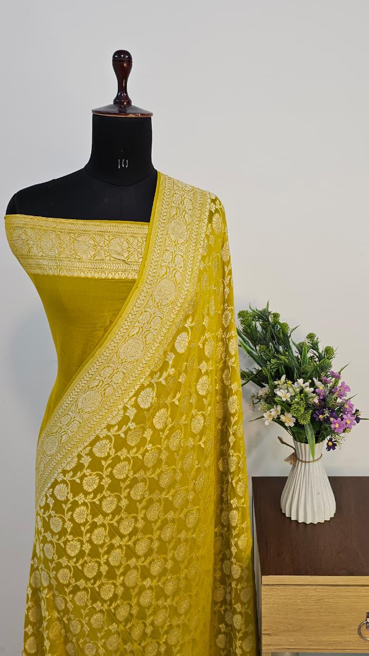 Pure Handloom Khaddi Georgette Saree Zari Work.
