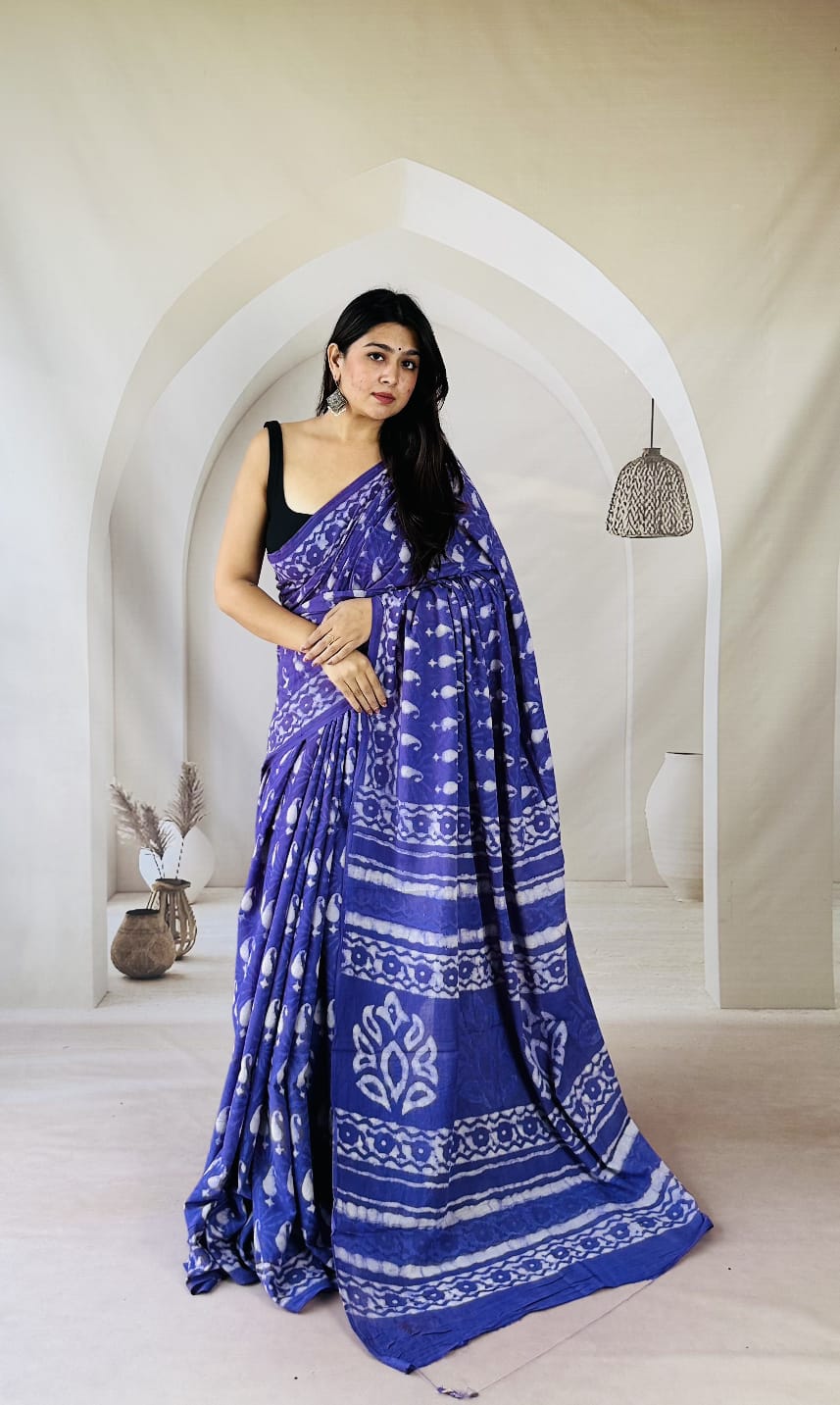 Pure Mulmul Cotton Hand Block Printed Saree With Running Blouse.