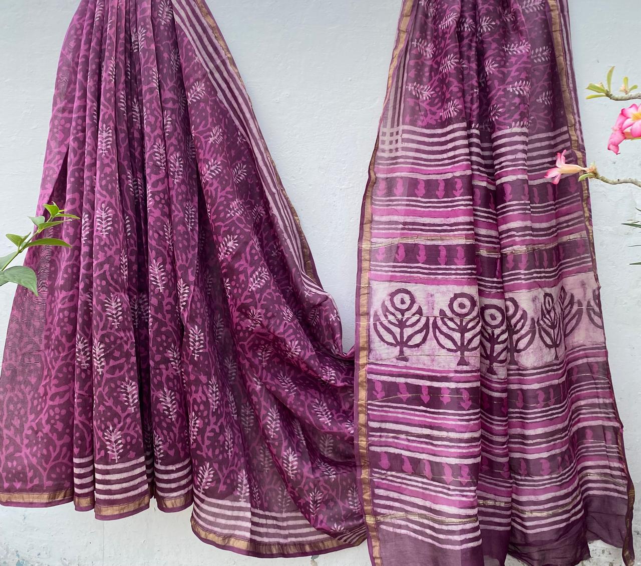 Pure Chanderi Silk Hand-block Printed Saree.