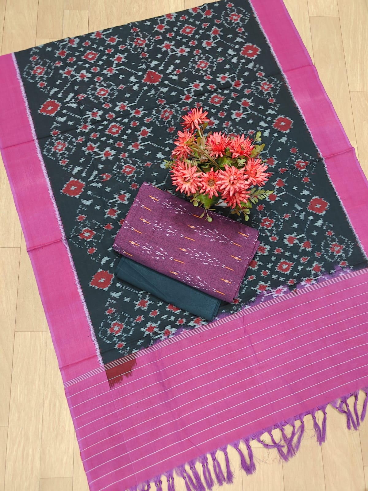 Beautiful Pure Cotton Double Ikkat Unstitched Suit.