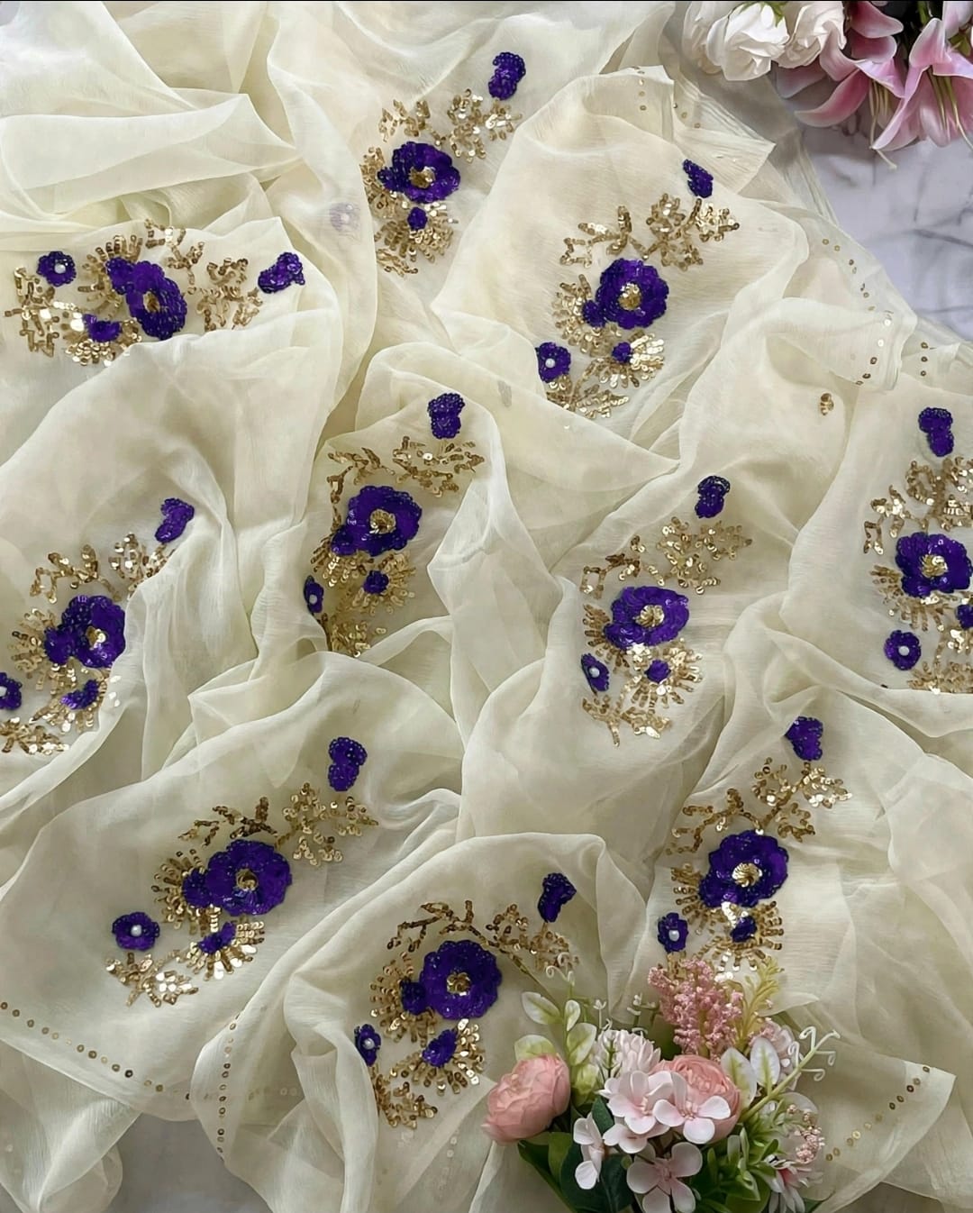 Pure Diamond Chiffon Hand Work Saree.