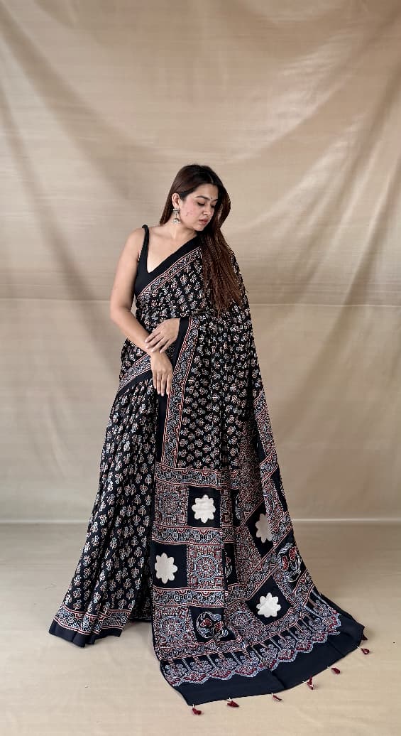 Pure Modal Silk Ajrakh Hand-block Printed Saree.