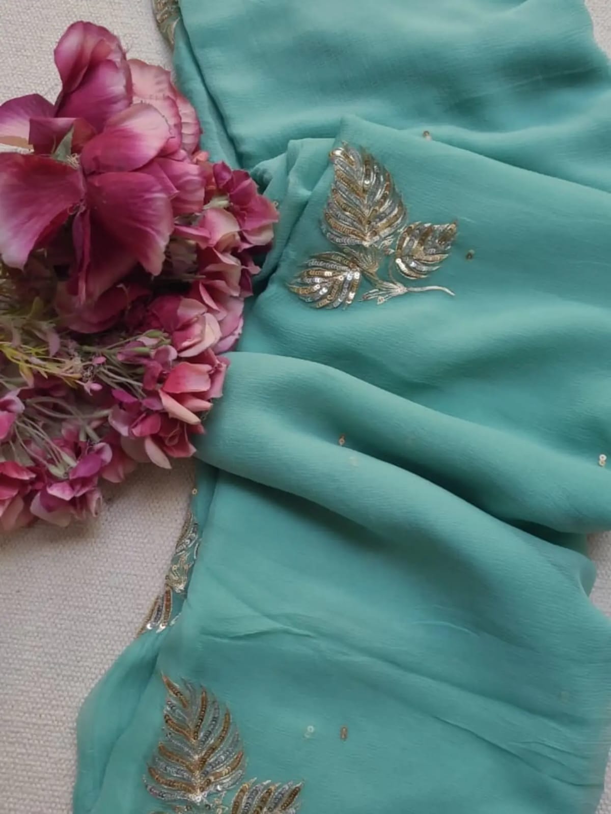 Pure Diamond Chiffon Hand Work Saree.