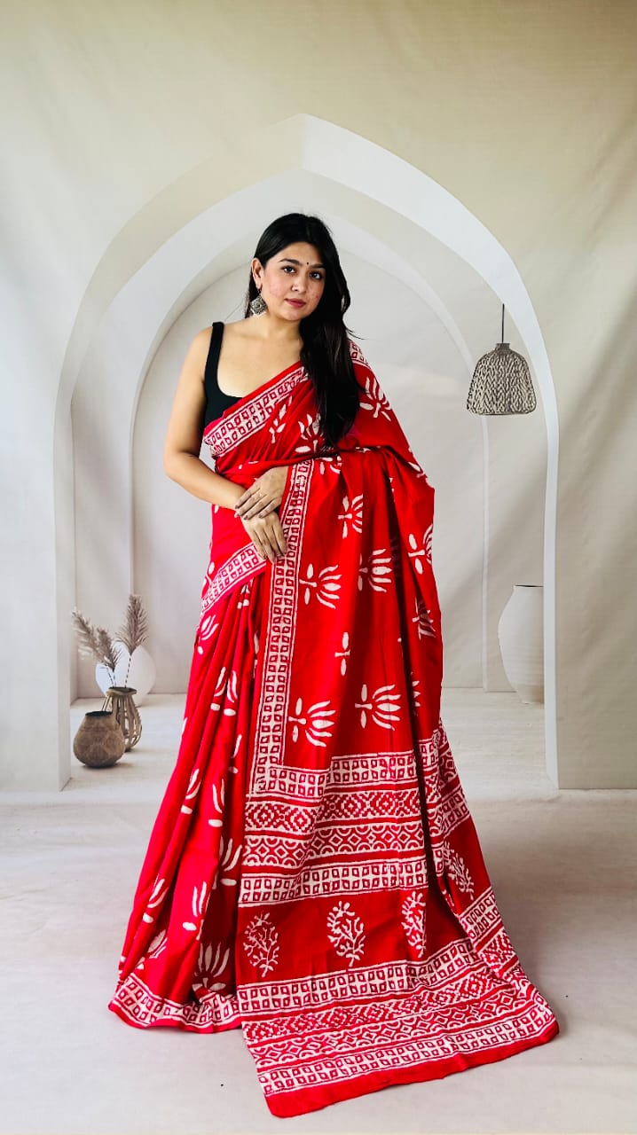 Pure Mulmul Cotton Hand Block Printed Saree With Running Blouse.