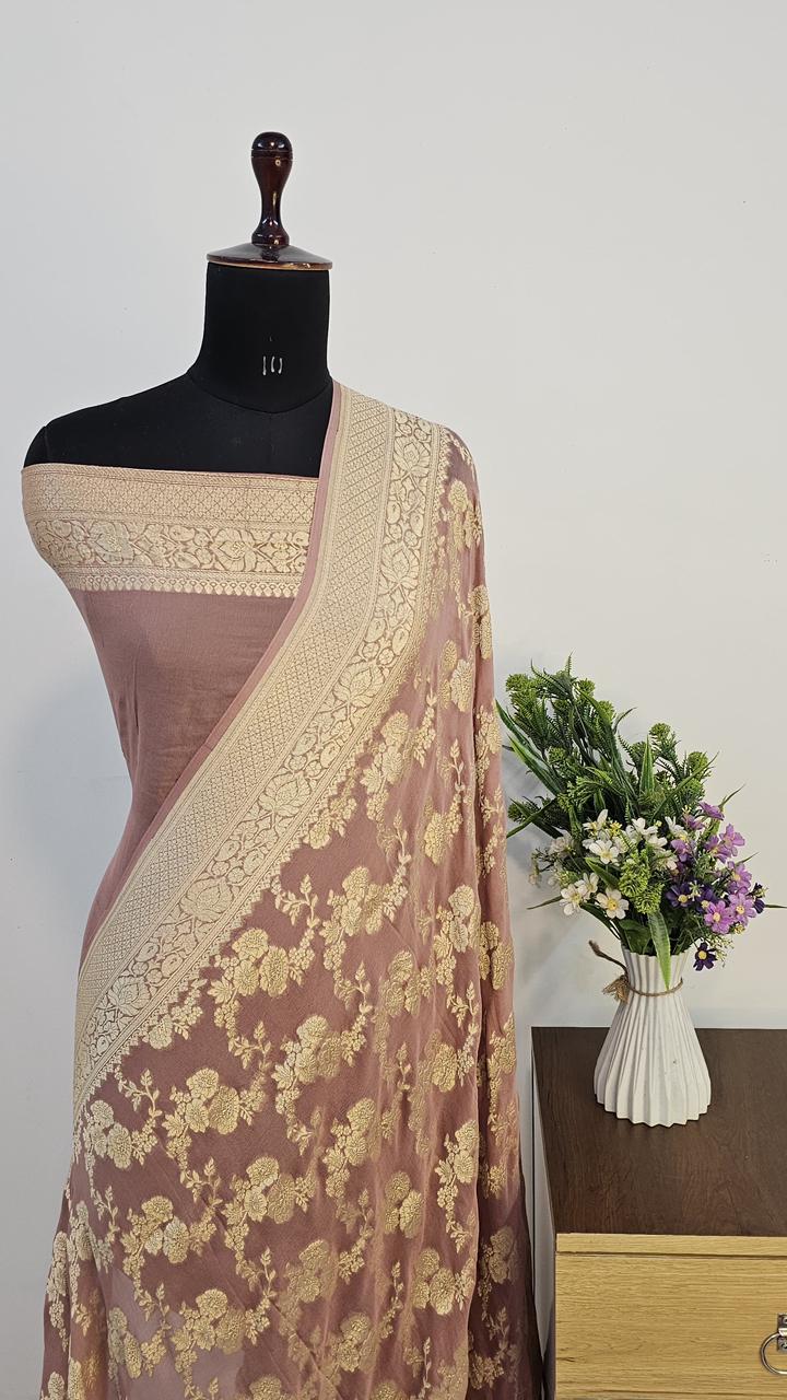 Pure Handloom Khaddi Georgette Saree Zari Work.