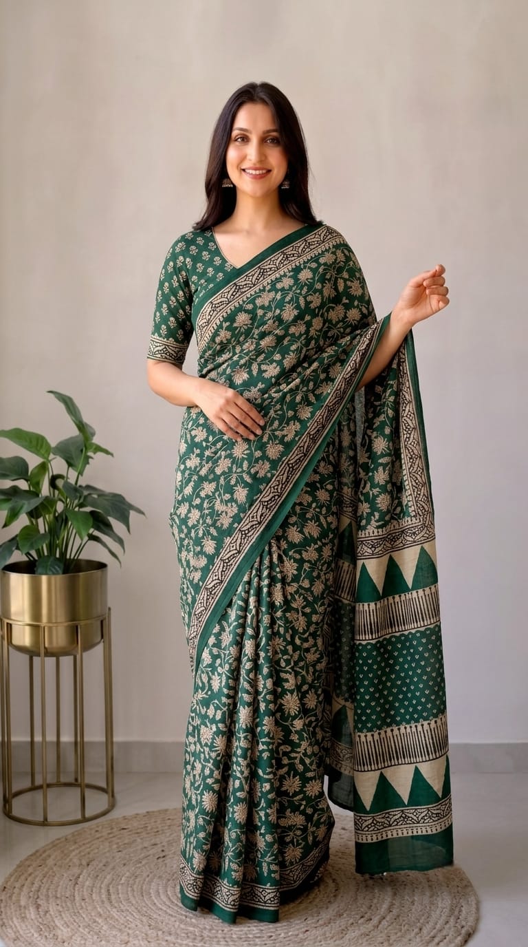 Pure Cotton Hand Block Printed Saree With Blouse.