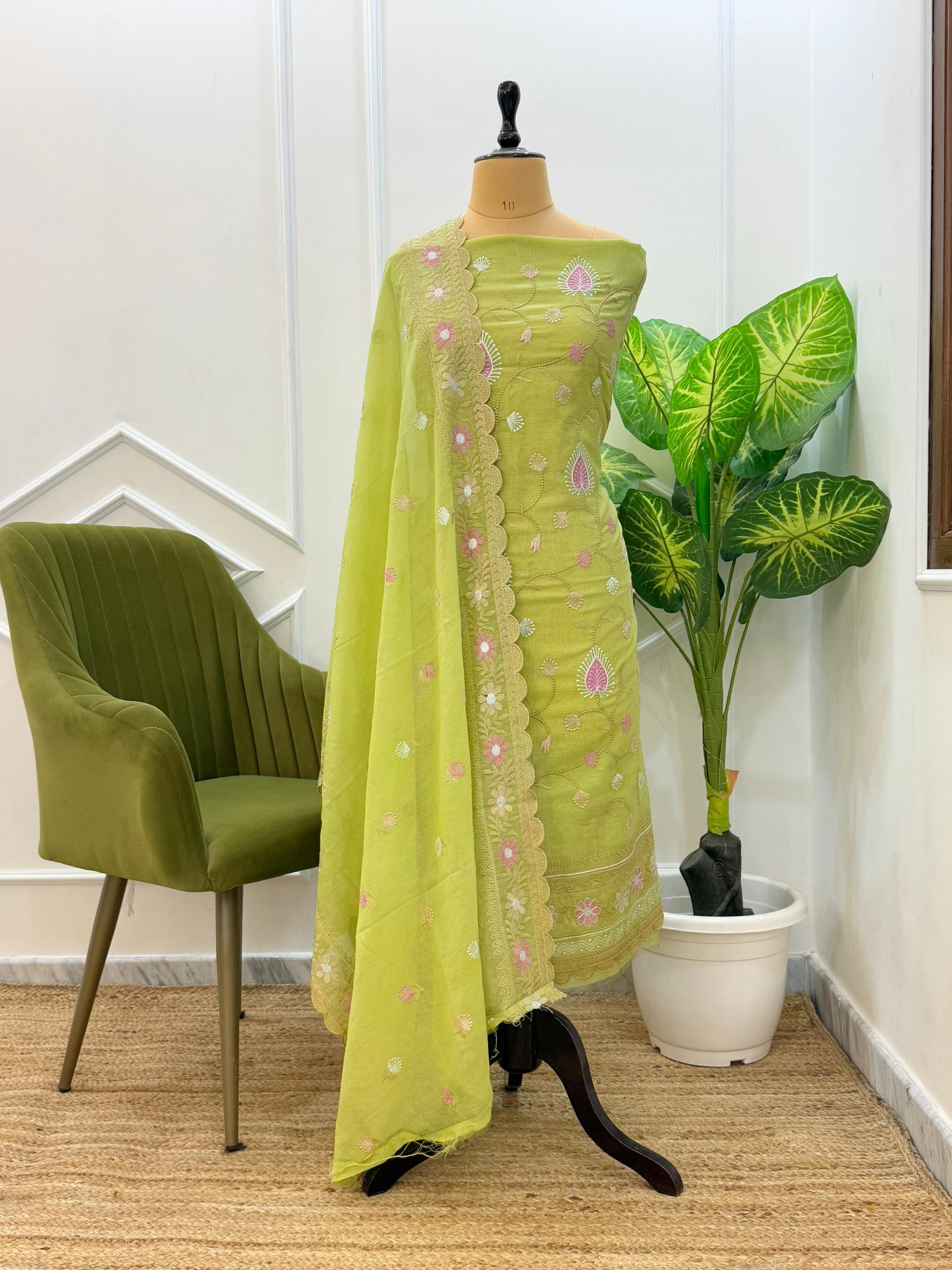 Banarasi Chanderi Embroidery Cutwork Unstitched Suit with Cutwork Border Dupatta.