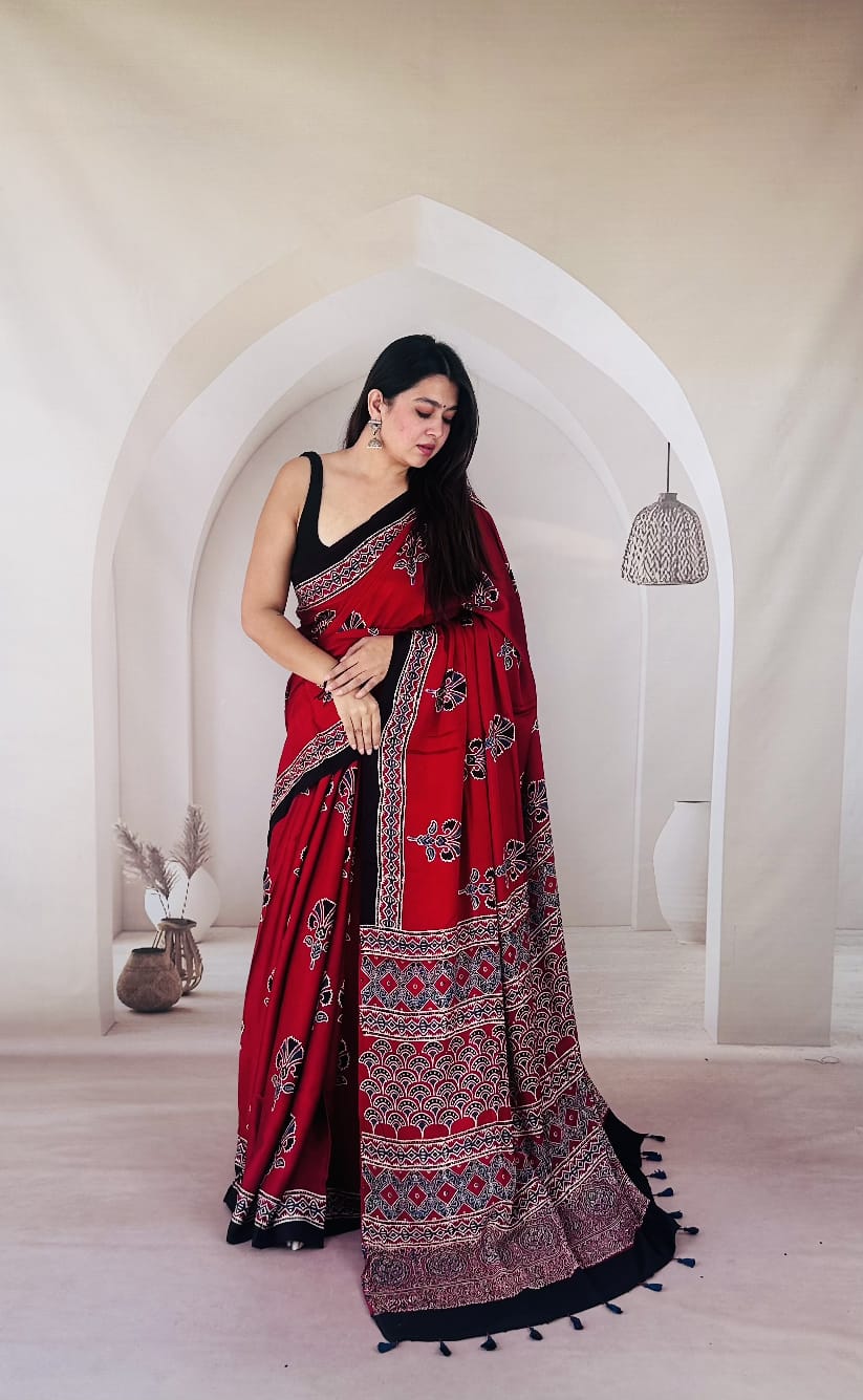 Pure Modal Silk Ajrakh Hand-block Printed Saree.
