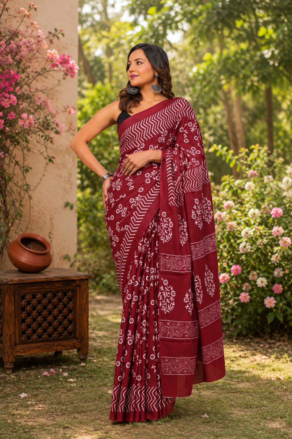 Pure Cotton Hand Block Printed Saree With Blouse.