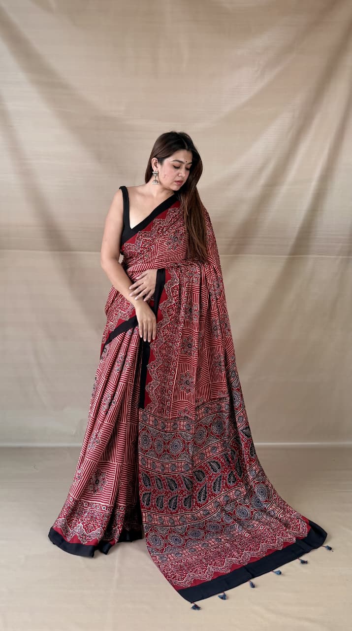 Pure Modal Silk Ajrakh Hand-block Printed Saree.