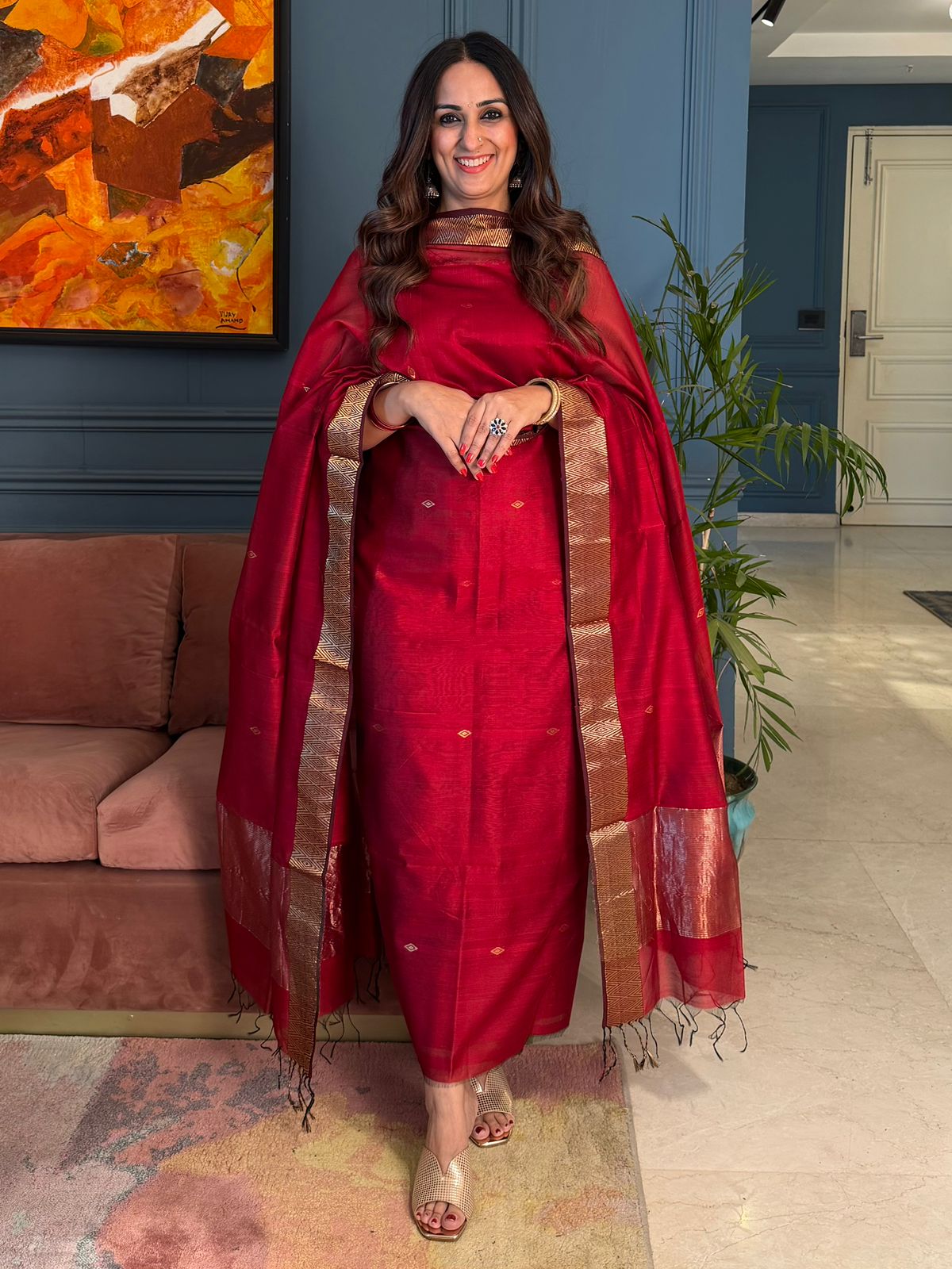 Pure Maheswari Silk Cotton Handwoven Unstitch Suit.