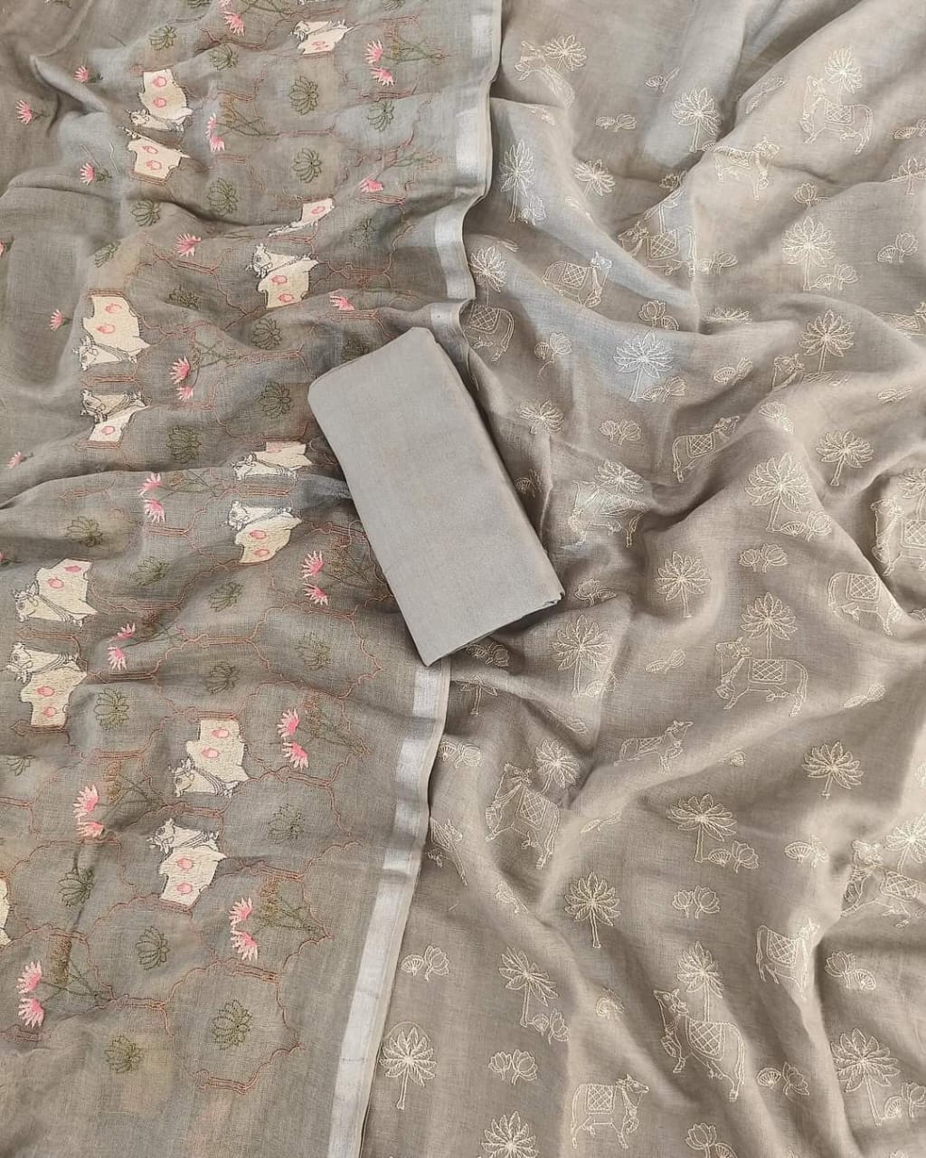 BHAGALPURI COTTON LINEN EMBROIDERY UNSTITCHED SUIT.