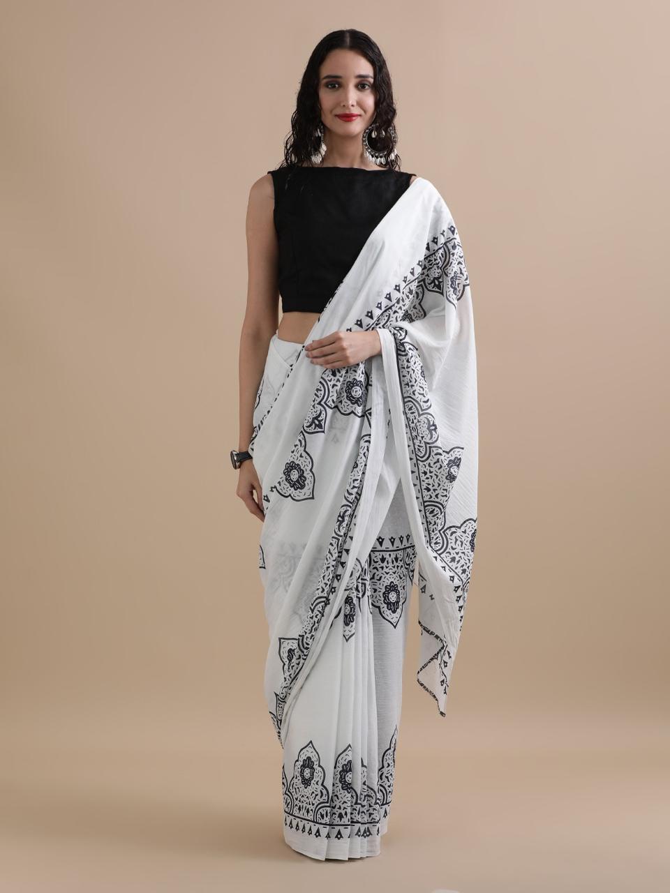Pure Mulmul Cotton Hand Block Printed Saree With Running Blouse.