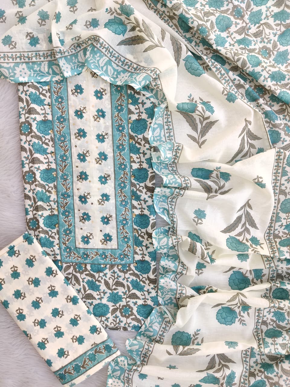 Pure Cotton Embroidery Hand Block Unstitched Suits.