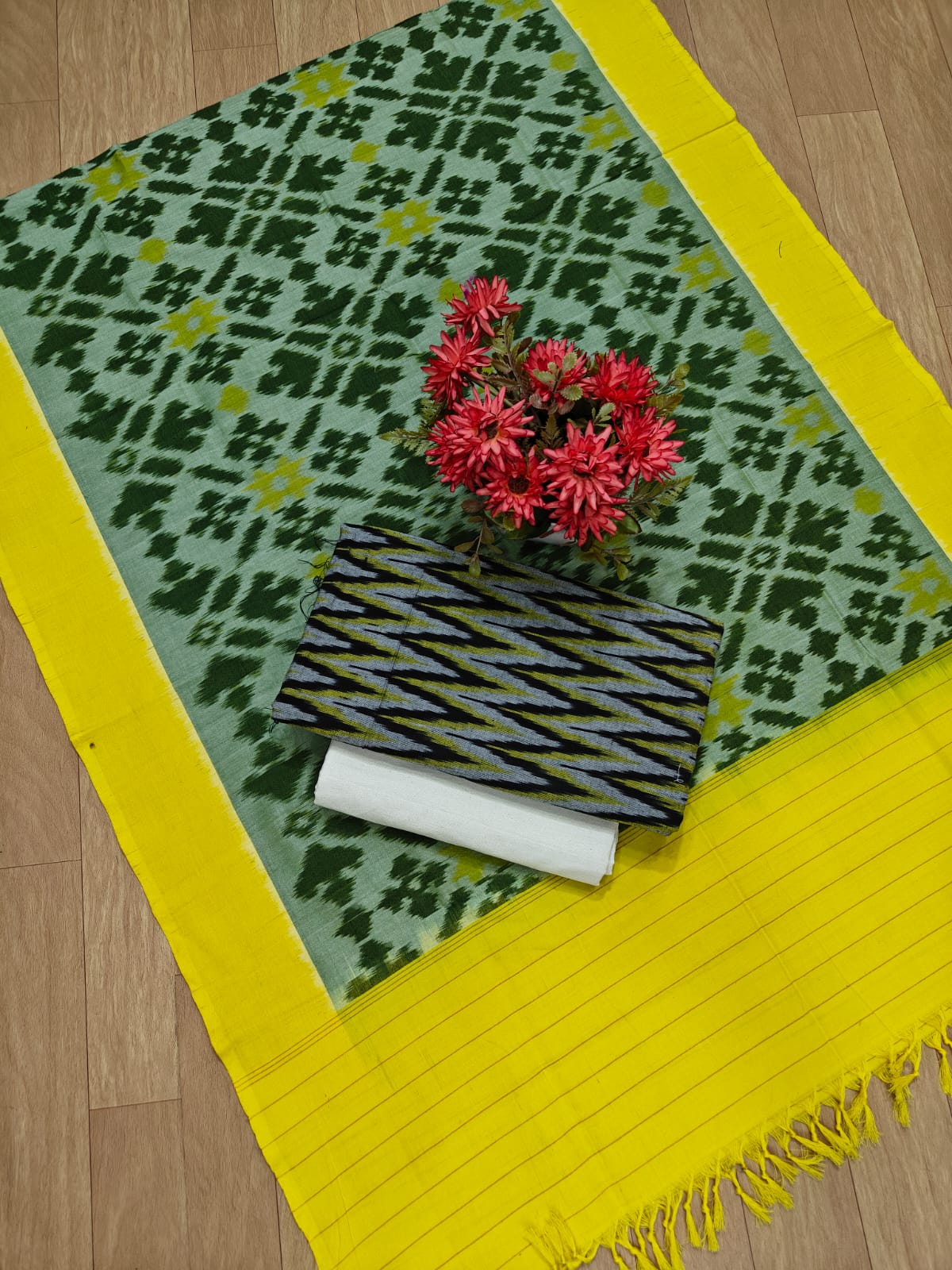 Beautiful Pure Cotton Double Ikkat Unstitched Suit.