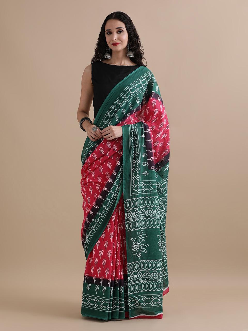 Pure Mulmul Cotton Hand Block Printed Saree With Running Blouse.