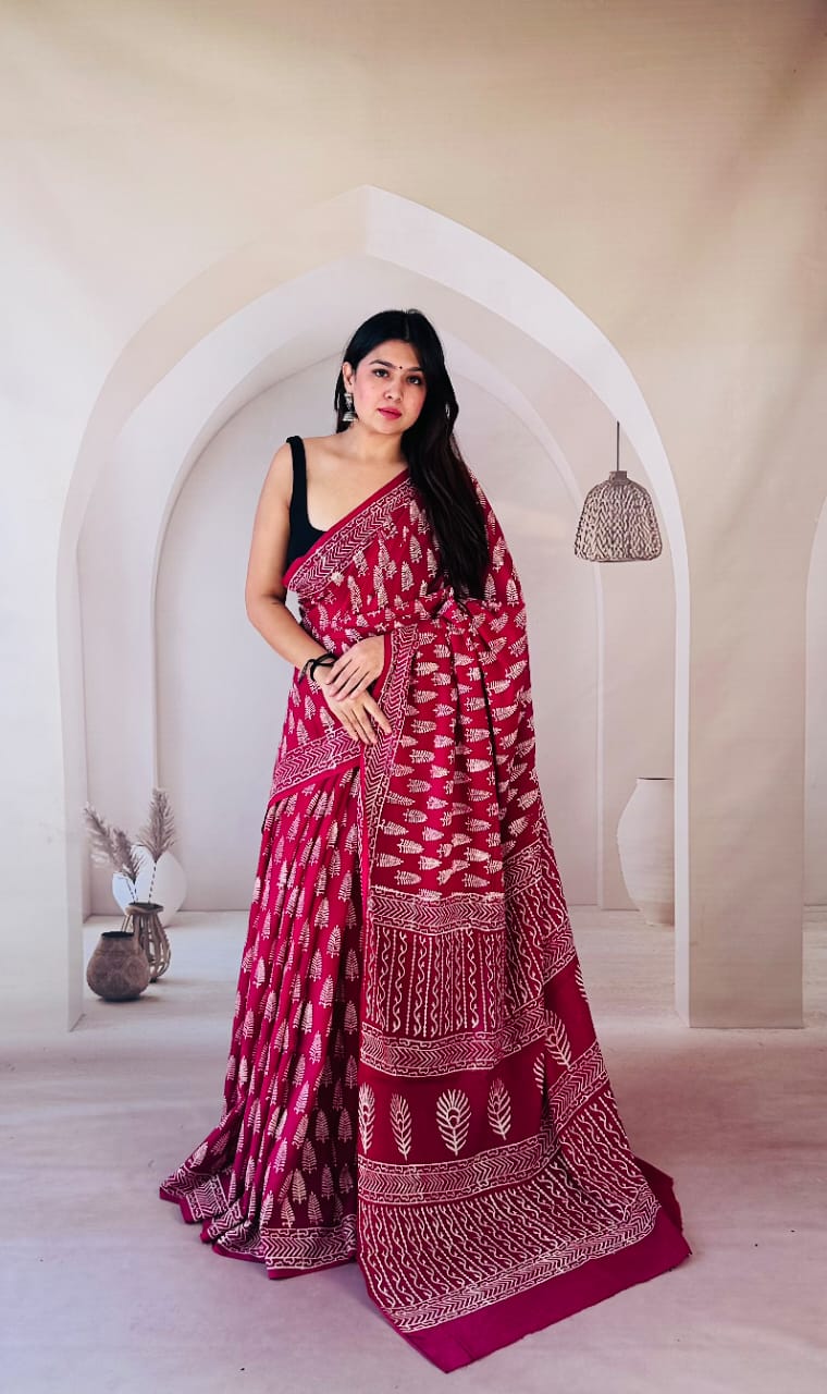 Pure Mulmul Cotton Hand Block Printed Saree With Running Blouse.