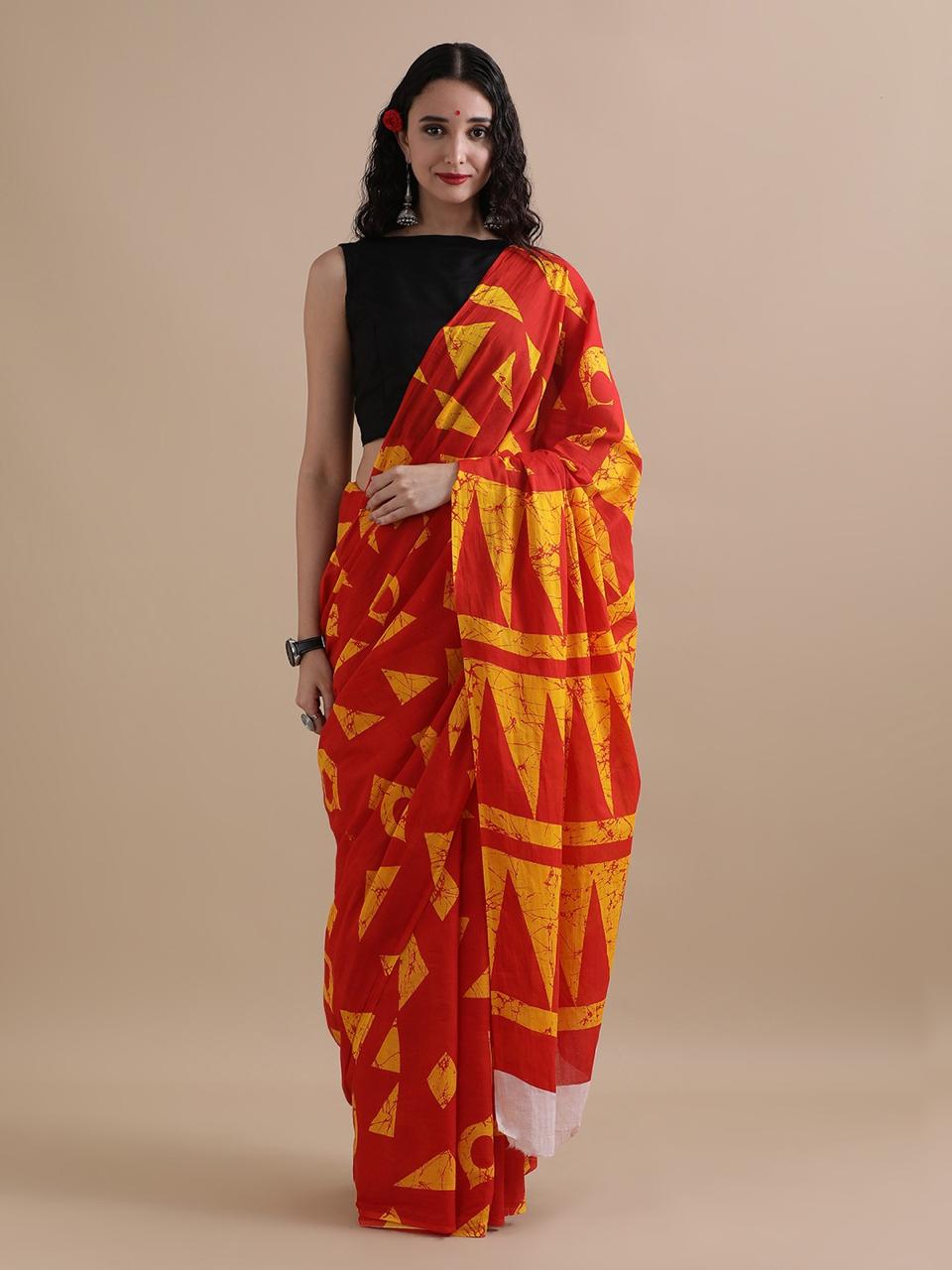 Pure Mulmul Cotton Hand Block Printed Saree With Running Blouse.