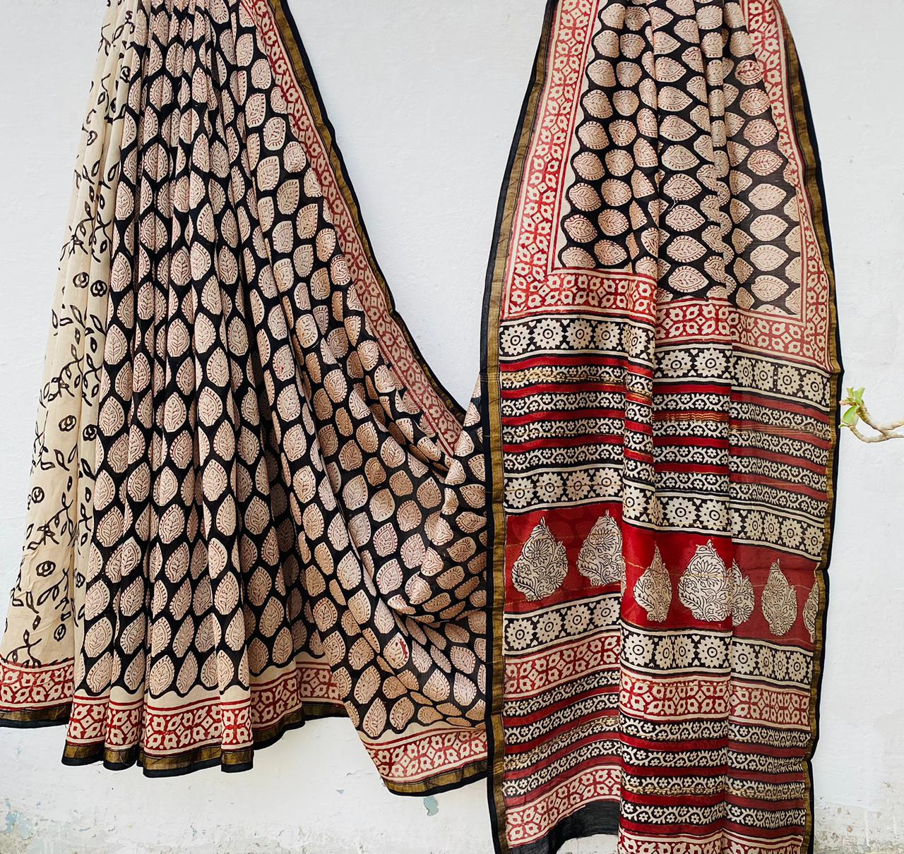 Pure Chanderi Silk Hand-block Printed Saree.