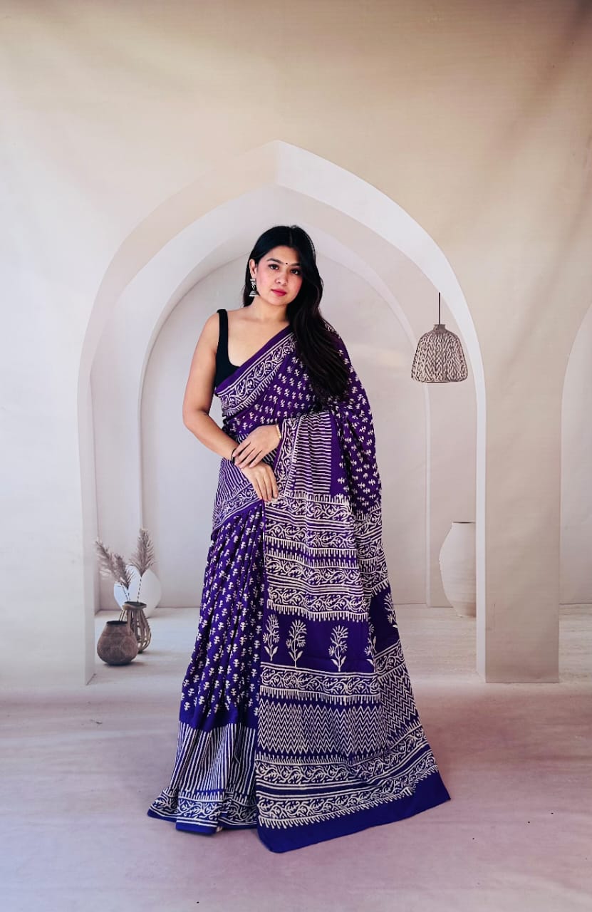 Pure Mulmul Cotton Hand Block Printed Saree With Running Blouse.