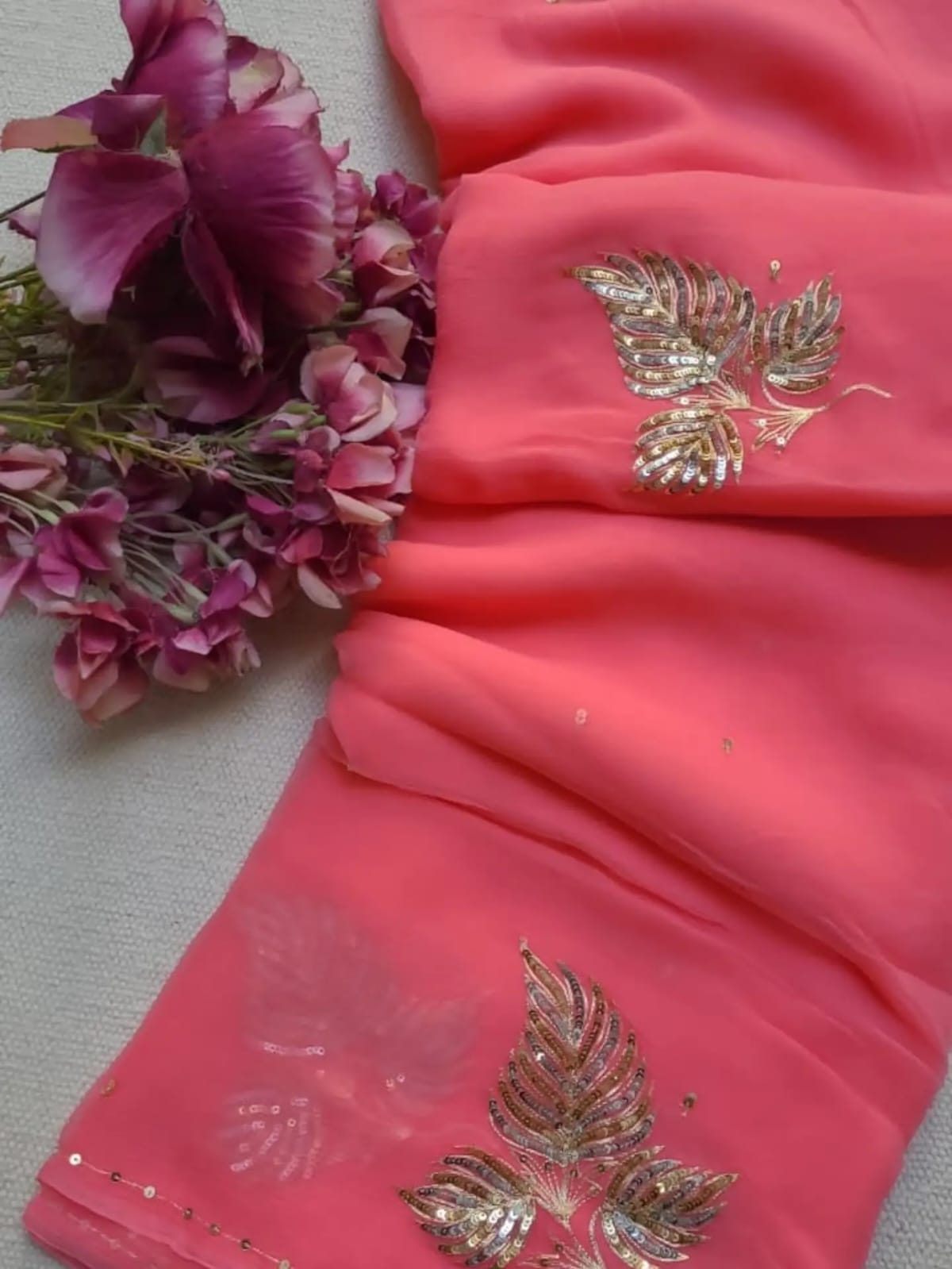 Pure Diamond Chiffon Hand Work Saree.