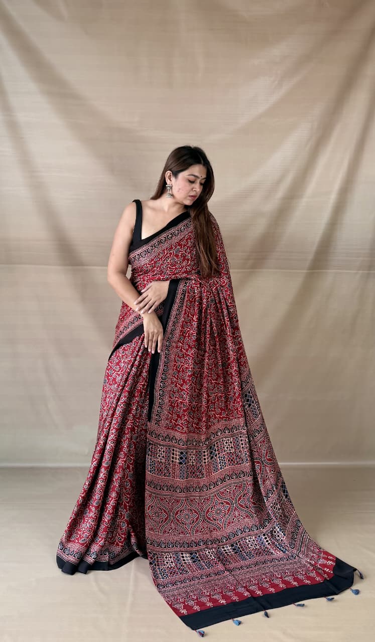 Pure Modal Silk Ajrakh Hand-block Printed Saree.