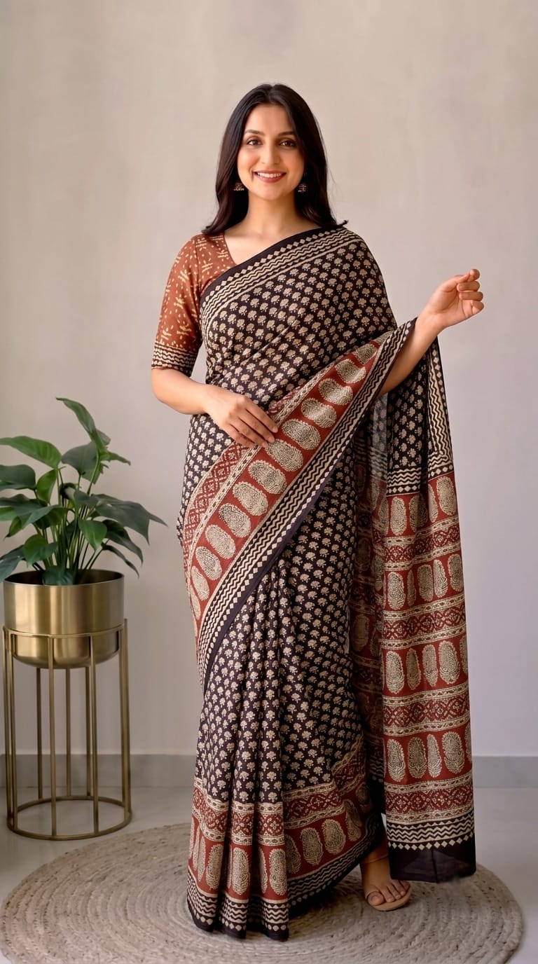 Pure Cotton Hand Block Printed Saree With Blouse.