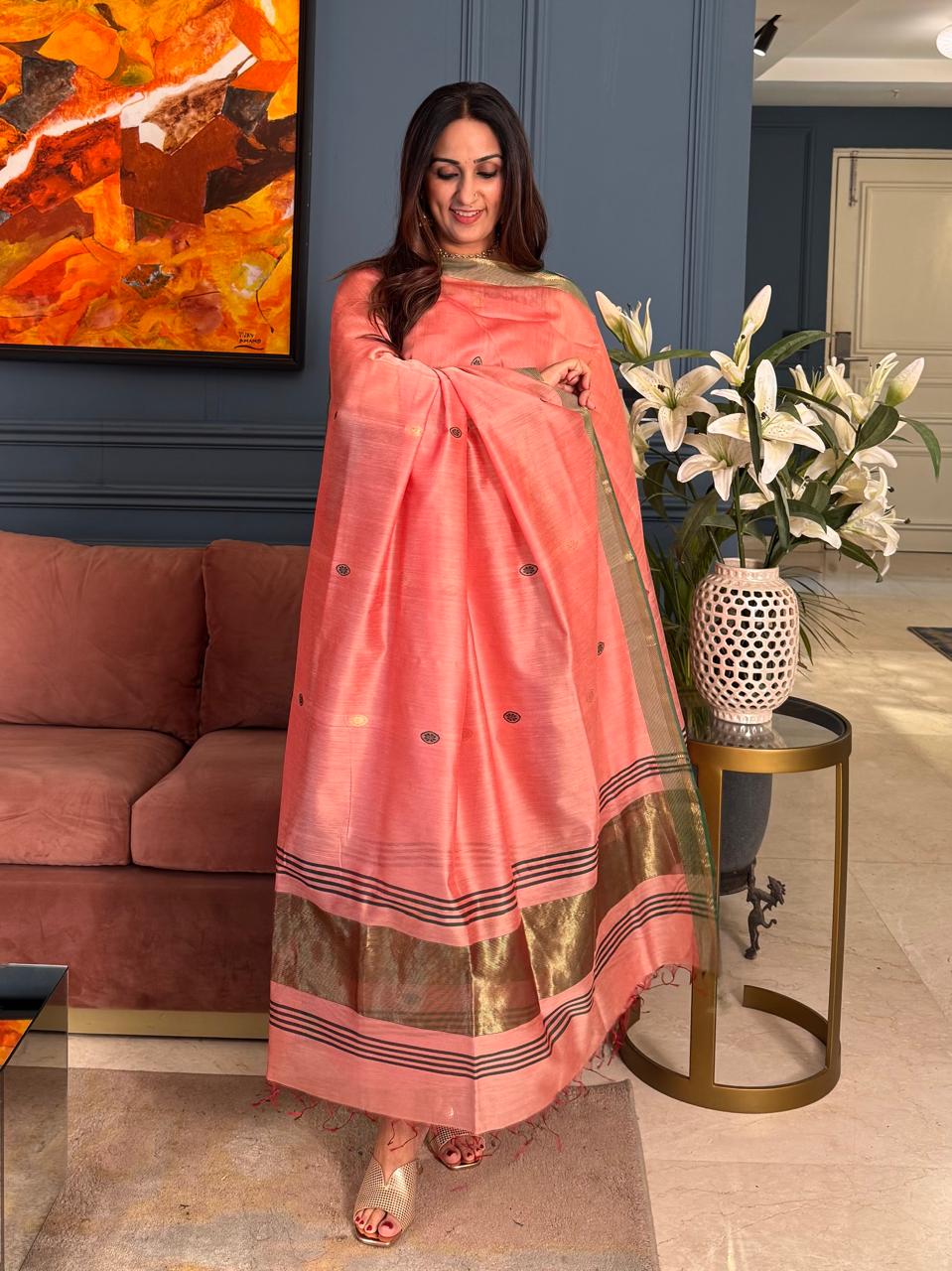 Pure Maheswari Silk Cotton Handwoven Unstitch Suit.