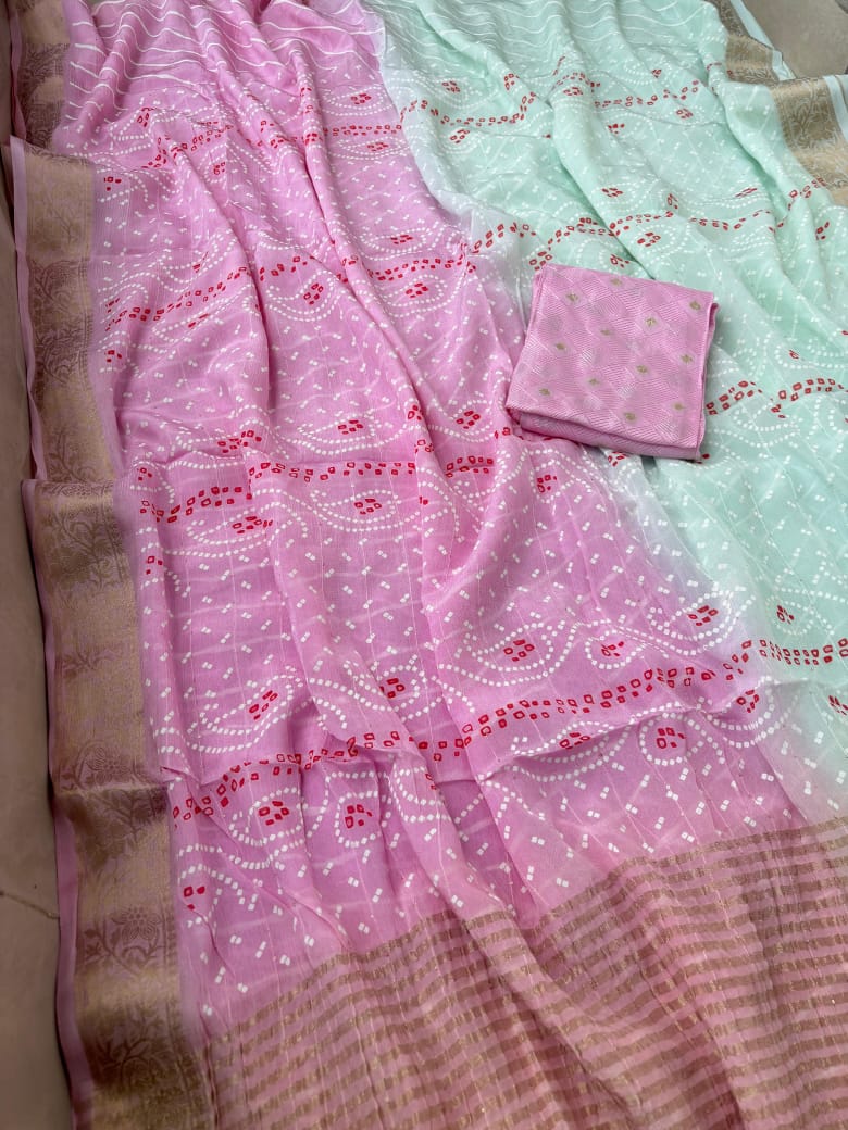 Pure Chinon Chiffon Bandhani Leheriya Saree