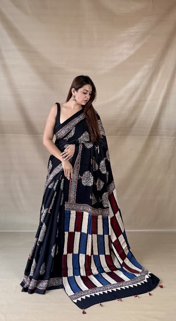 Pure Modal Silk Ajrakh Hand-block Printed Saree.