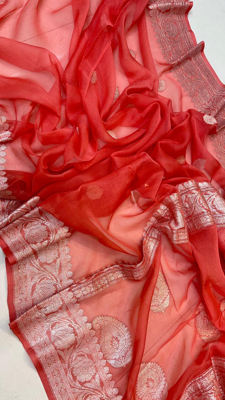 Pure Handloom Khaddi Chiffon Georgette Saree With Silver Zari Weaving Blouse ( length- 6.3 meter )