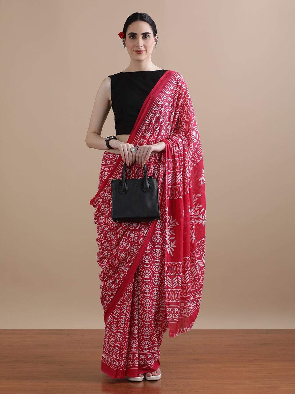 Pure Mulmul Cotton Hand Block Printed Saree With Running Blouse.