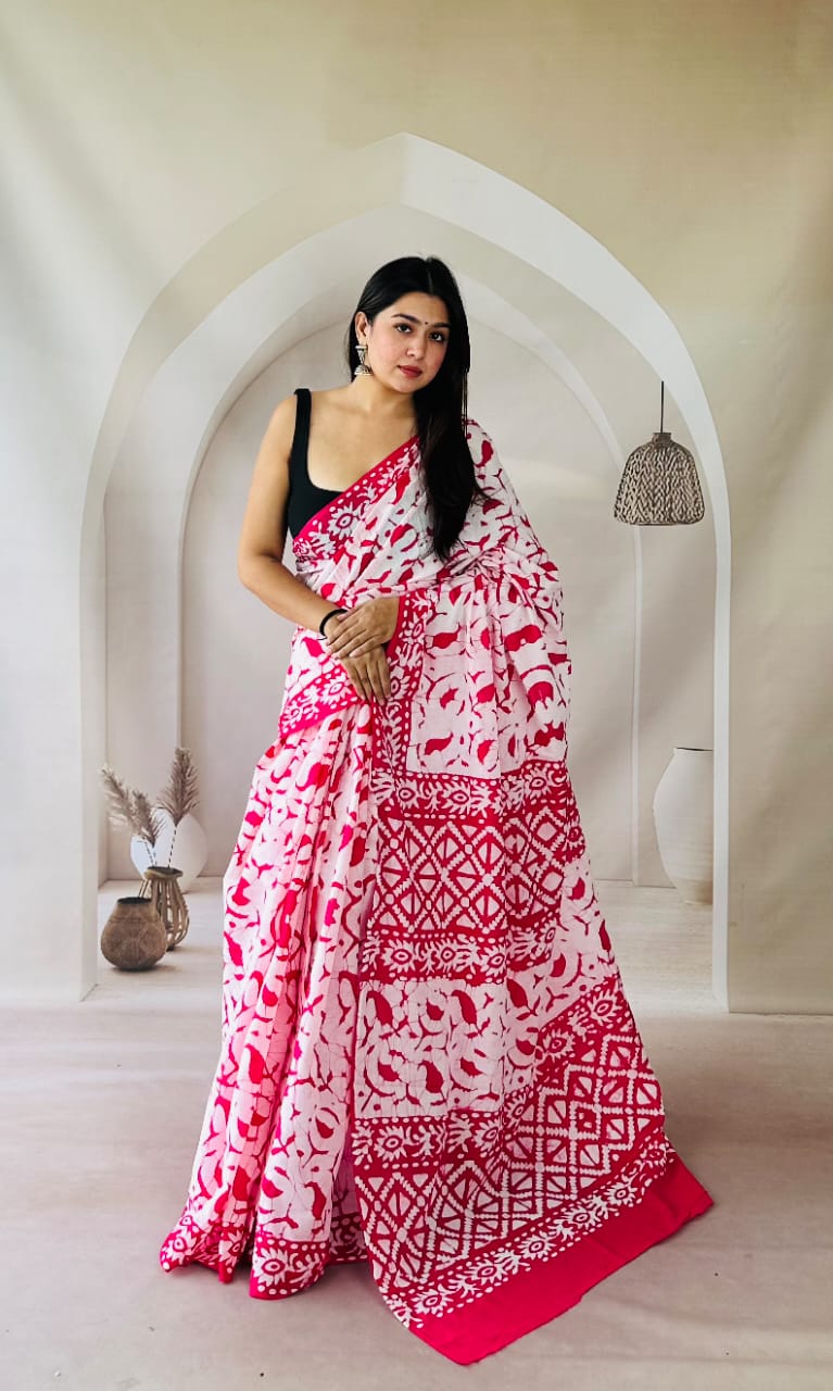 Pure Mulmul Cotton Hand Block Printed Saree With Running Blouse.