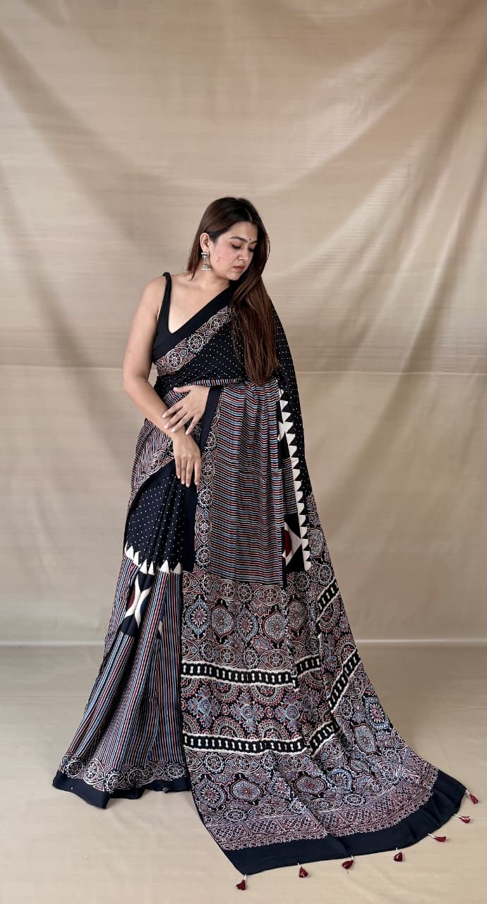 Pure Modal Silk Ajrakh Hand-block Printed Saree.