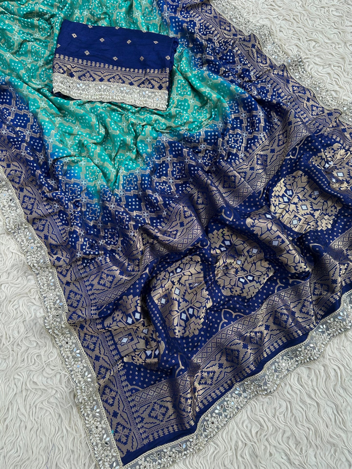 Banarasi Bandhej Silk Zari Work Saree With Blouse.