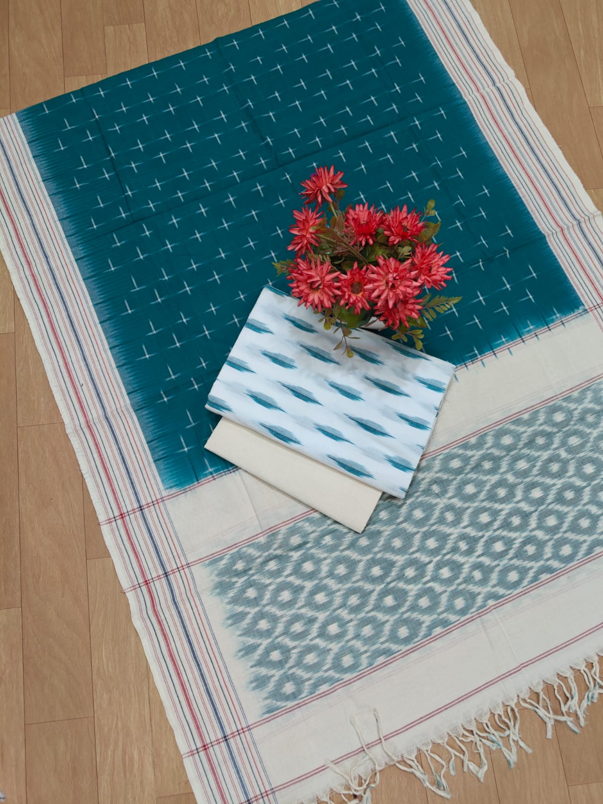 Beautiful Pure Cotton Double Ikkat Unstitched Suit.