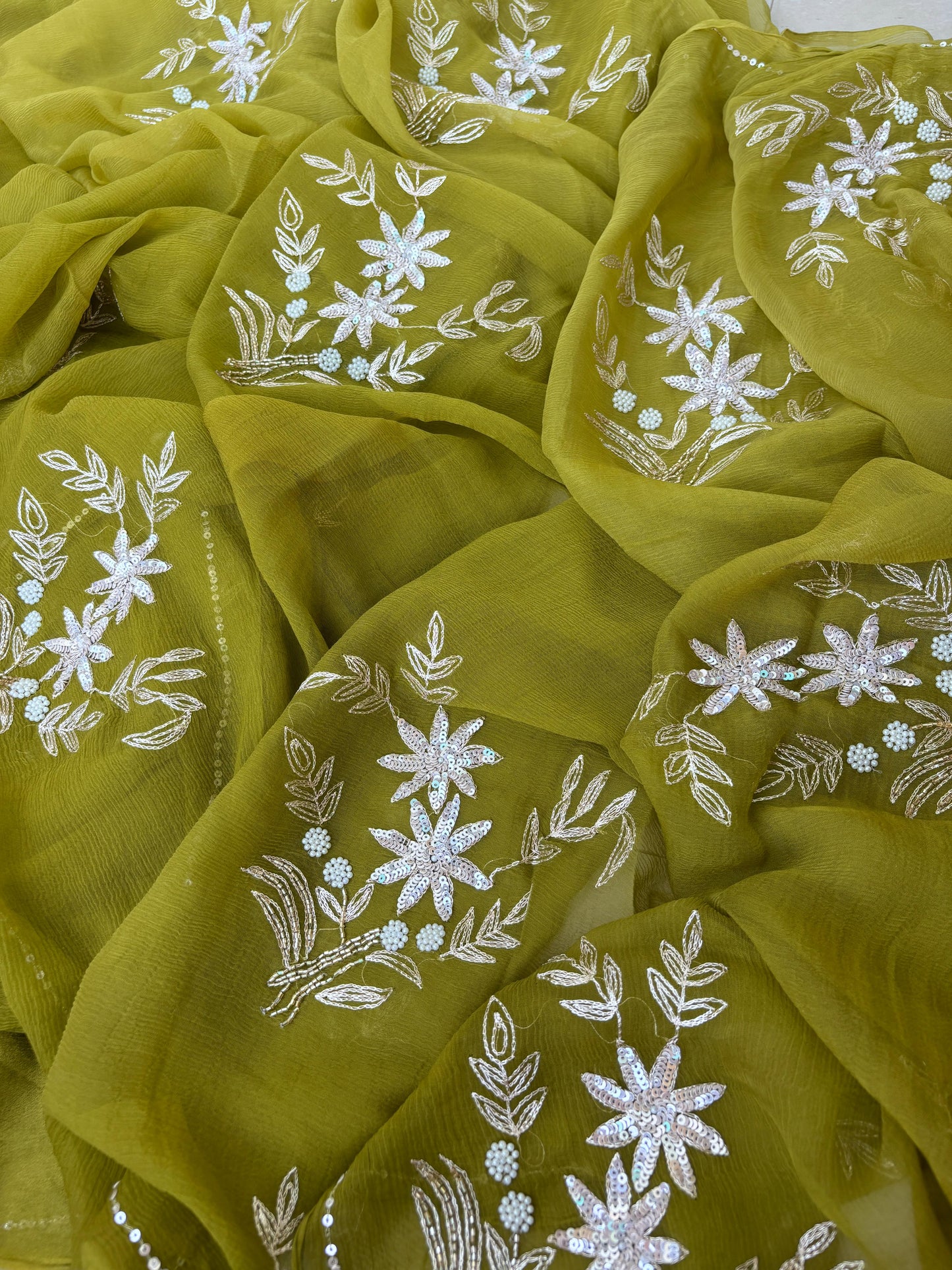 Pure Diamond Chiffon Hand Work Saree With Blouse.