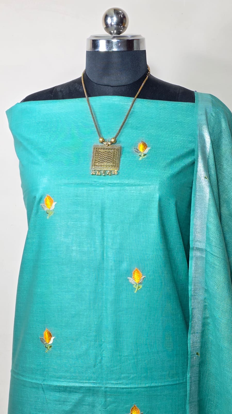 BHAGALPURI COTTON LINEN EMBROIDERY UNSTITCHED SUIT.